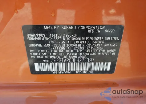 2020 Subaru Crosstrek Premium z USA, uszkodzony, nr VIN JF2GTAPC8LH273397